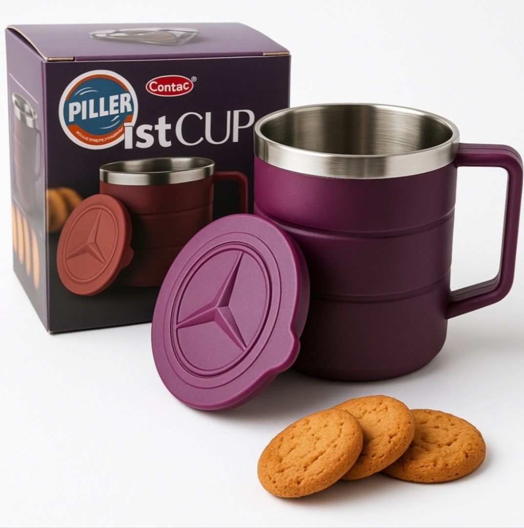 Piller™ Double Wall Stainless Steel Cup with Handle & Lid – 350ml Insulated Coffee/Tea Mug, Hot & Cold Travel Cup, Maroon