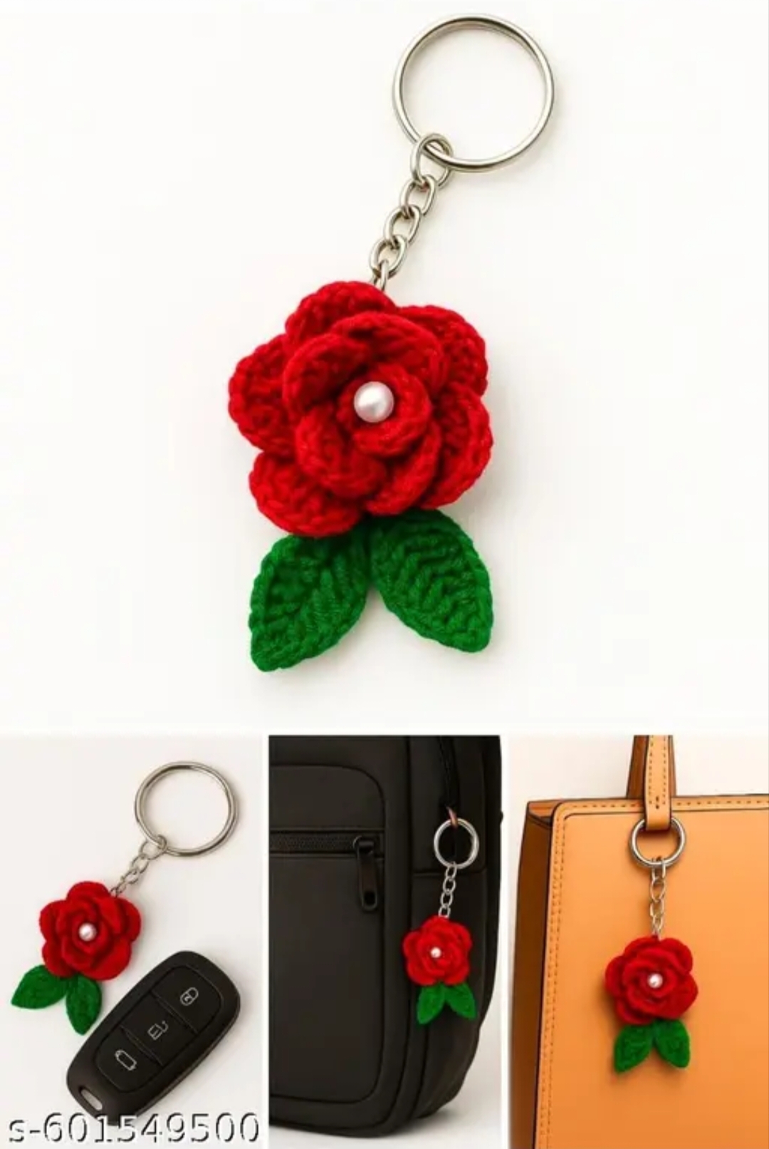हैंडमेड ऊनी रोज फ्लावर कीचेन | Woolen Rose Keychain for Girls & Gifts | Cute Red Flower Keychain for Purse, Bike & Car