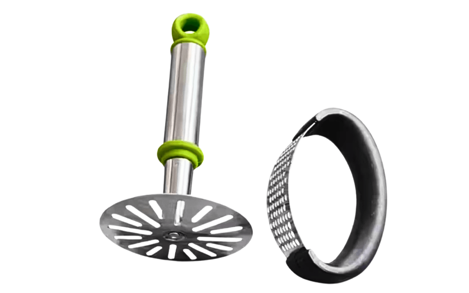 SUPEREB Premium Potato Masher & Garlic Rocker Set | Heavy Duty Stainless Steel Tools for Smooth Mash and Effortless Mincing | Ergonomic Green & Black Design