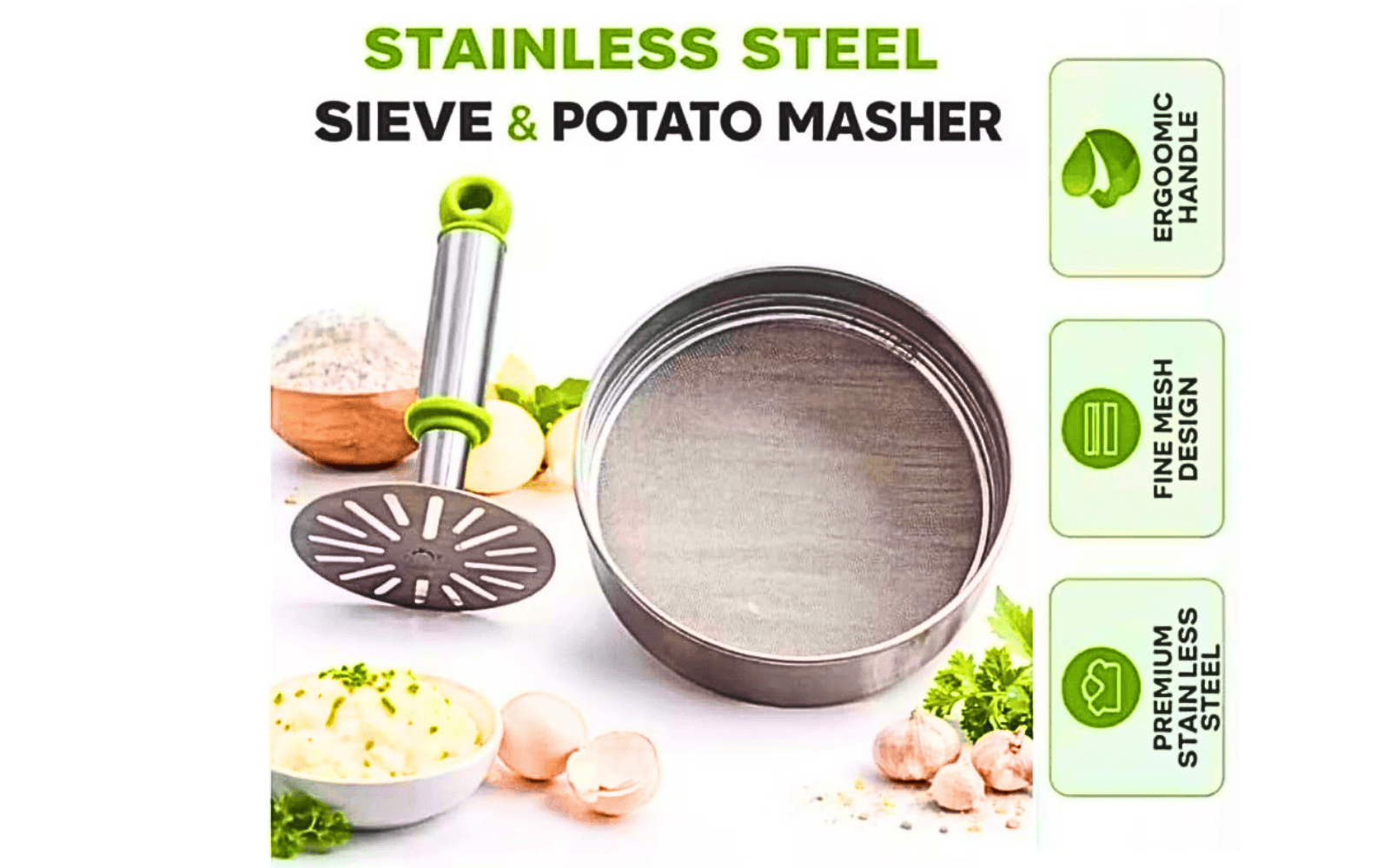SUPEREB Premium Stainless Steel Vegetable Masher & Mesh Flour Strainer Sifter | Kitchen Tool Set