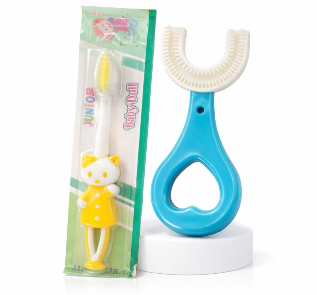 Baby U-Shaped Toothbrush Combo with Cartoon Brush – 360° Silicone Cleaning Set for Kids