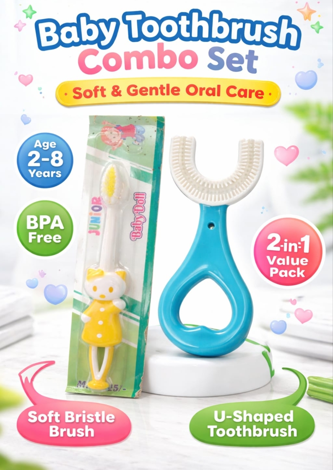 Baby U-Shaped Toothbrush Combo with Cartoon Brush – 360° Silicone Cleaning Set for Kids