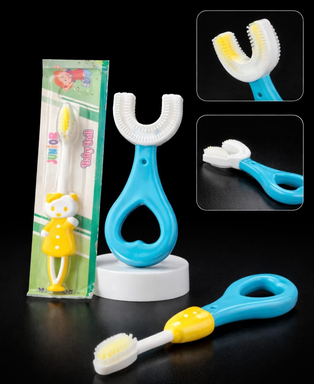 Baby U-Shaped Toothbrush Combo with Cartoon Brush – 360° Silicone Cleaning Set for Kids