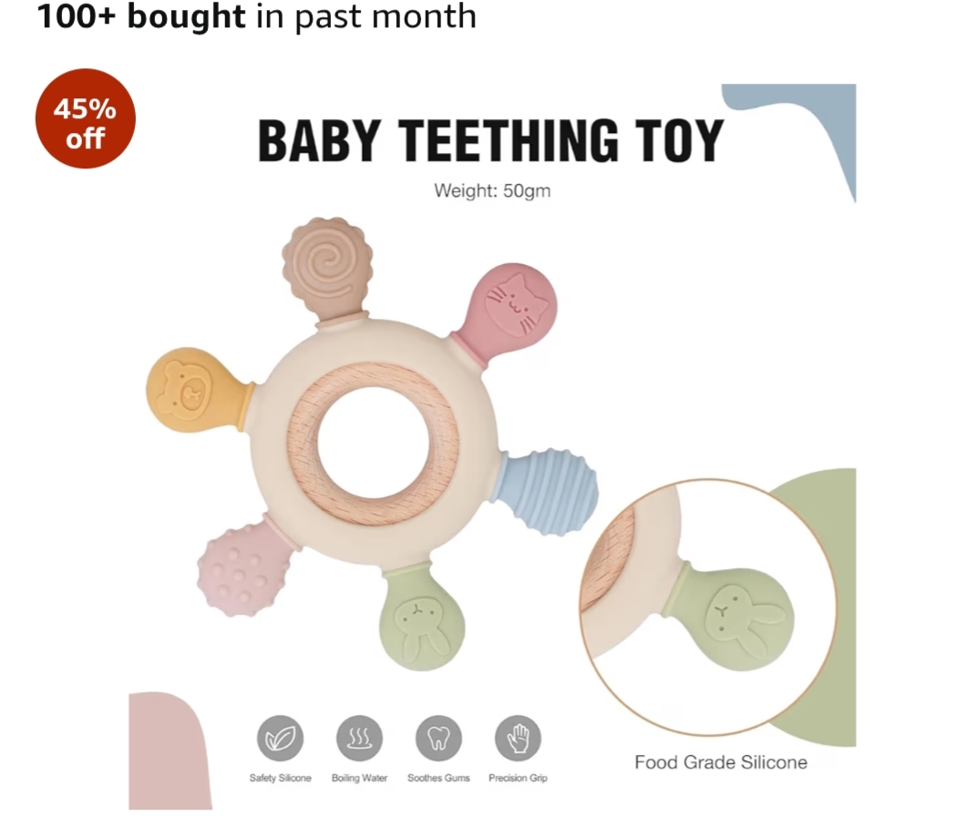 Silicone & Wooden Baby Teether – BPA Free Soft Teething Toy (Round Shape)