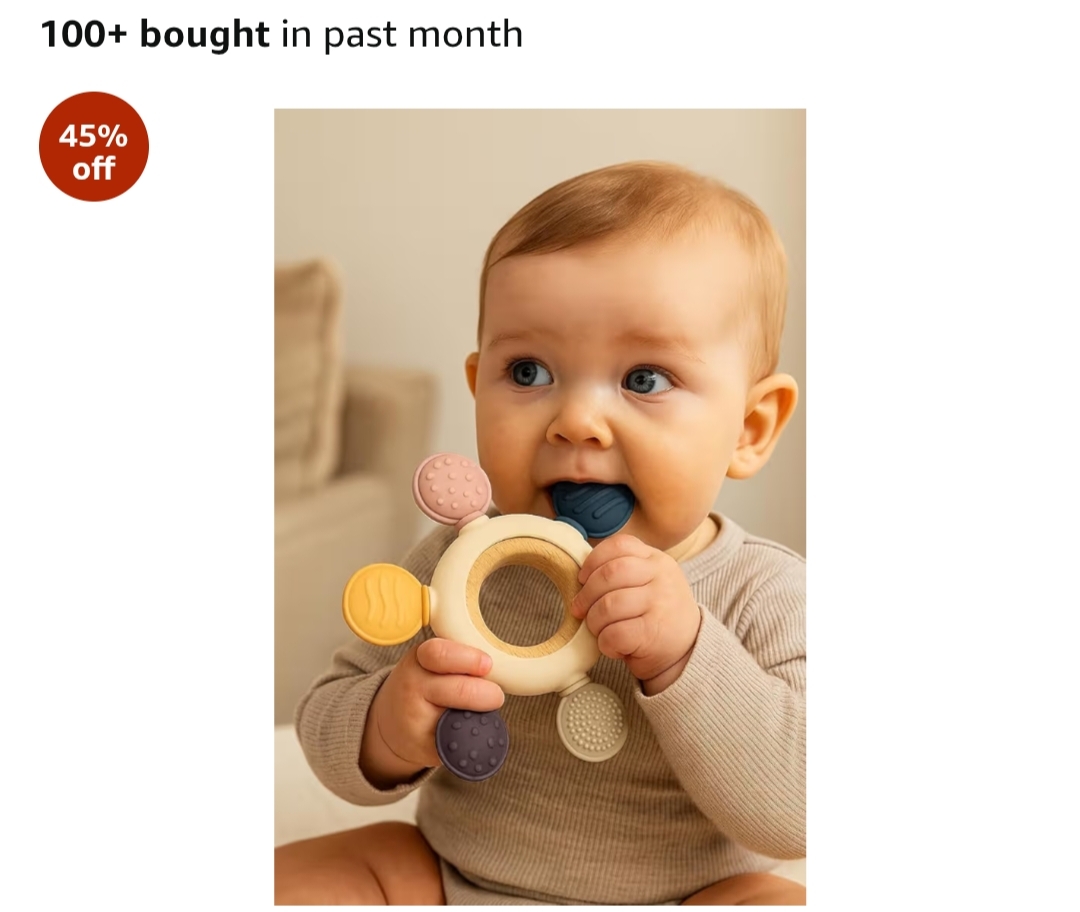 Silicone & Wooden Baby Teether – BPA Free Soft Teething Toy (Round Shape)