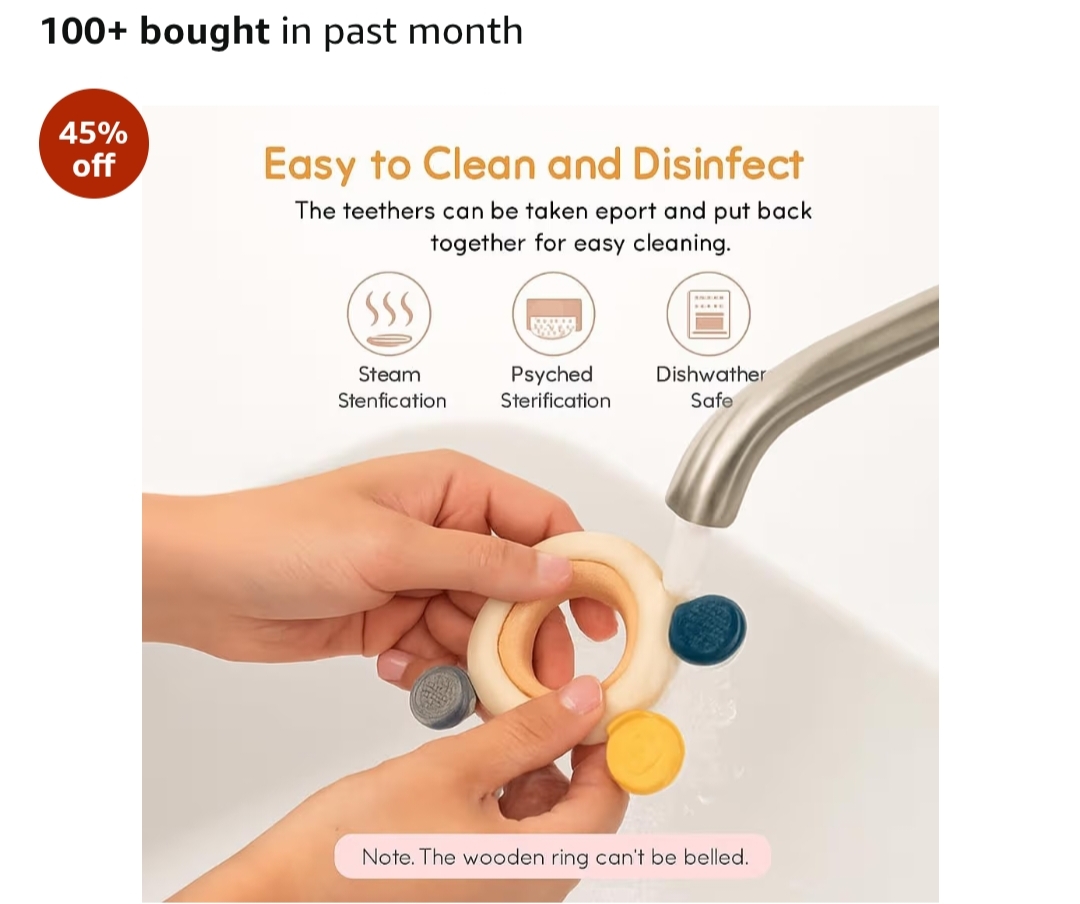 Silicone & Wooden Baby Teether – BPA Free Soft Teething Toy (Round Shape)