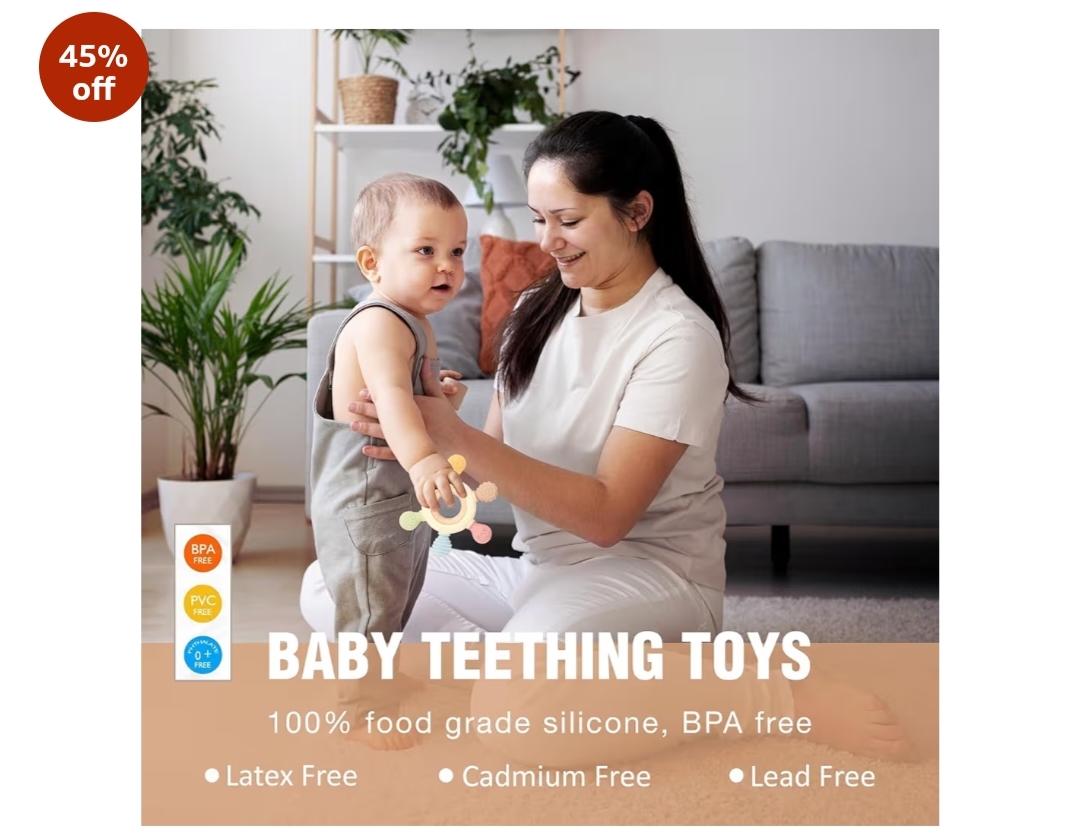 Silicone & Wooden Baby Teether – BPA Free Soft Teething Toy (Round Shape)