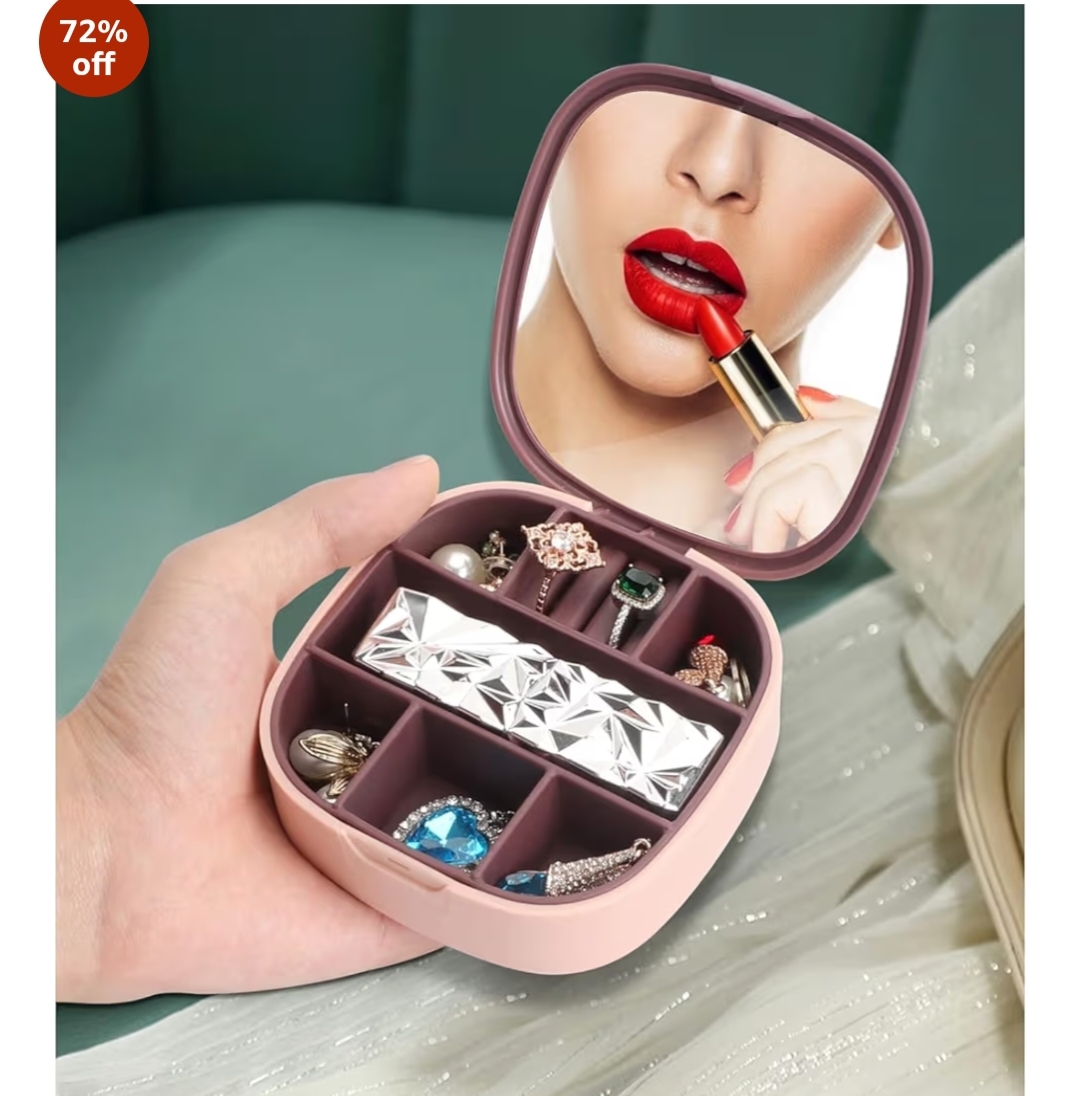 Small Jewelry Box with Mirror | Mini Portable Jewellery Organizer for Women & Girls | Multi Grid Travel Storage Case for Rings, Earrings, Necklace, Bracelets & Makeup