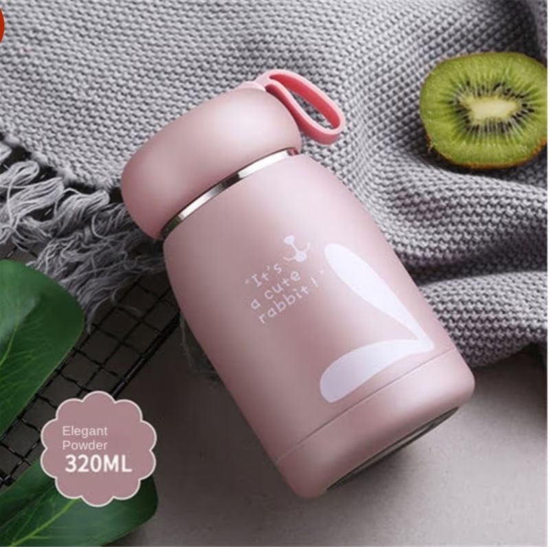 320ML Cute Rabbit Insulated Stainless Steel Water Bottle | Double Wall Vacuum Flask | Leakproof Thermos Cup with Silicone Handle for Kids & Travel