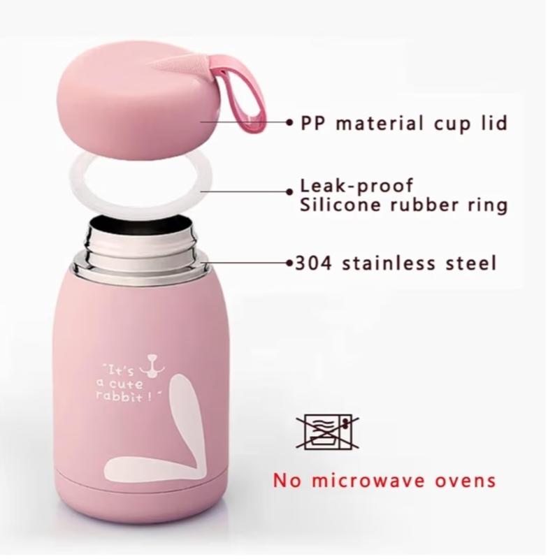 320ML Cute Rabbit Insulated Stainless Steel Water Bottle | Double Wall Vacuum Flask | Leakproof Thermos Cup with Silicone Handle for Kids & Travel