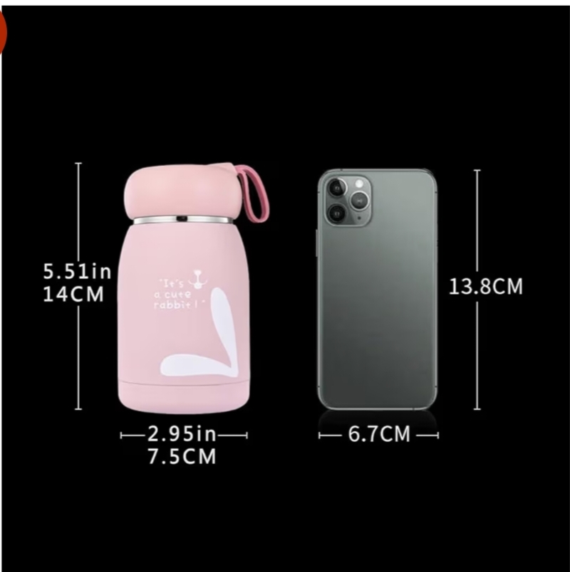 320ML Cute Rabbit Insulated Stainless Steel Water Bottle | Double Wall Vacuum Flask | Leakproof Thermos Cup with Silicone Handle for Kids & Travel