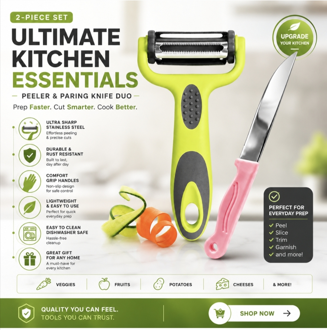 Giftora Premium Kitchen Combo Set | Stainless Steel Fruit & Vegetable Peeler with Sharp Utility Knife | Ergonomic Non-Slip Handle Multipurpose Cutting & Peeling Tools for Daily Cooking